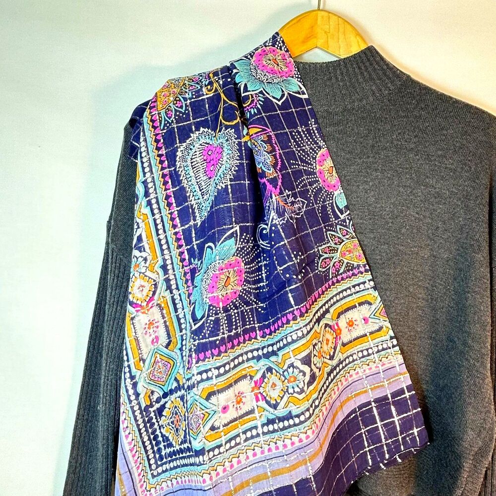 Chaudry Kc India NWT Navy Lavender Silver Lurex Botanical Print 40" Square Scarf